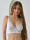Bralet Klara – biały, koronkowy stanik bez fiszbin, uszyty ręcznie z tiulu w kropki i poliamidowej koronki.